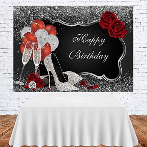 Sliver and Black Happy Birthday Backdrop Glitter Sequin High Heels Champagne Glasses Red Rose Balloons Adults Women Party Photography Background Old Age Party Decorations Supplies Banner