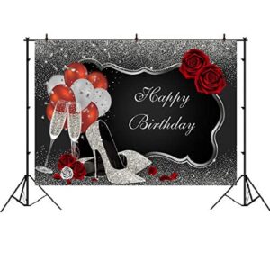 Sliver and Black Happy Birthday Backdrop Glitter Sequin High Heels Champagne Glasses Red Rose Balloons Adults Women Party Photography Background Old Age Party Decorations Supplies Banner