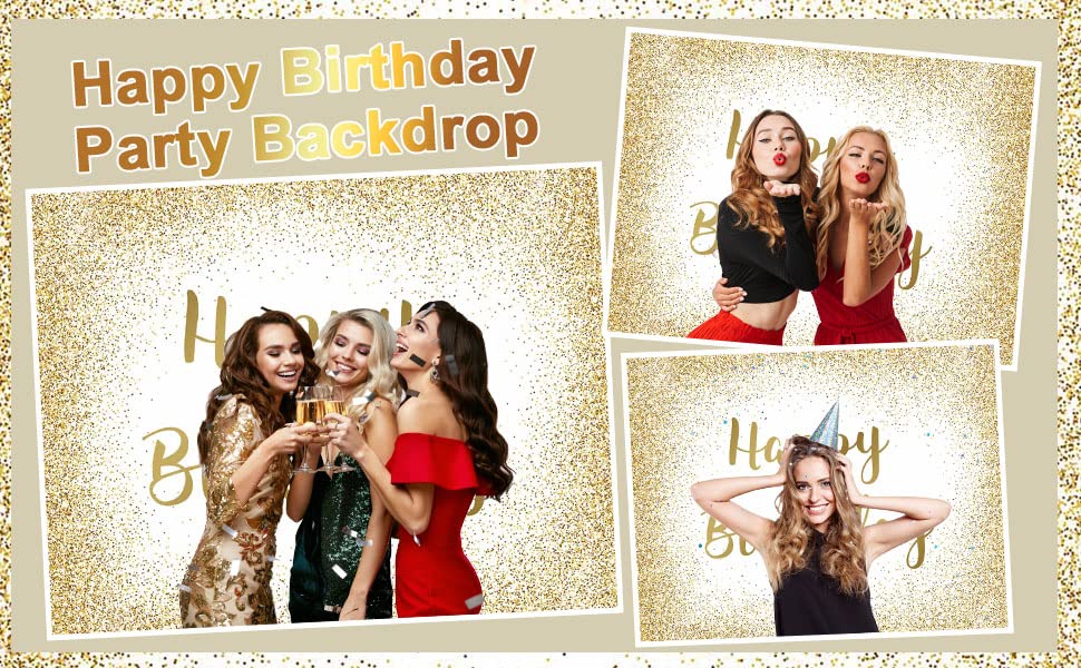 Mocsicka Happy Birthday Backdrop Gold Birthday Photo Backdrops for Women Men 7x5ft Golden Glitter Sweet 16 Birthday Photography Background