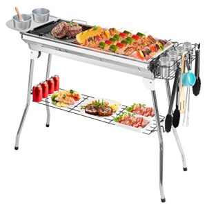 portable charcoal grills,outdoor folding barbecue grill, stainless steel foldable bbq grill set w/ spice plate&storage&holder,large kabob smoker grill for cooking camping picnic garden party-us spot