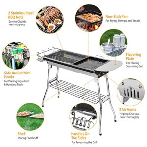 Portable Charcoal Grills,Outdoor Folding Barbecue Grill, Stainless Steel Foldable BBQ Grill Set w/ Spice Plate&Storage&Holder,Large Kabob Smoker Grill for Cooking Camping Picnic Garden Party-US Spot