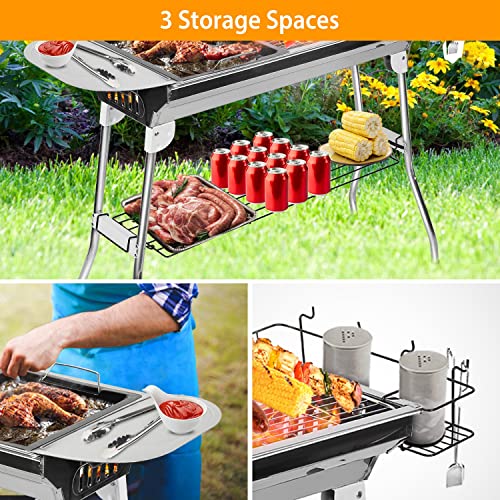 Portable Charcoal Grills,Outdoor Folding Barbecue Grill, Stainless Steel Foldable BBQ Grill Set w/ Spice Plate&Storage&Holder,Large Kabob Smoker Grill for Cooking Camping Picnic Garden Party-US Spot