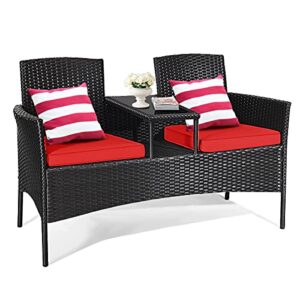 dortala outdoor patio loveseat, wicker patio conversation set with removable cushions and coffee table, plastic table top, modern rattan loveseat sofa set for garden lawn backyard (black+red)