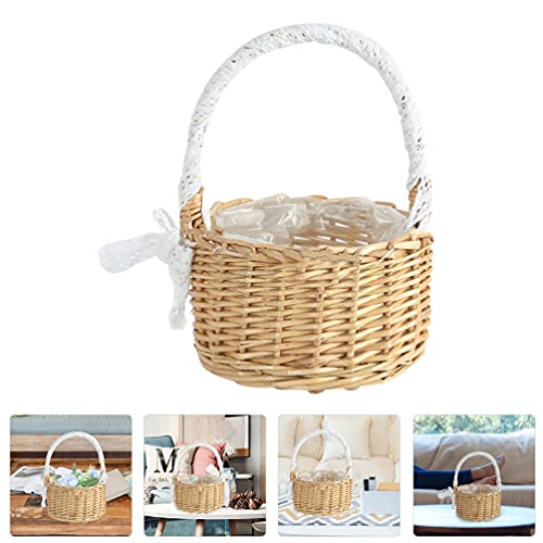 DOITOOL Wicker Rattan Flower Basket with Handle and Lace Bow, Wedding Flower Girl Baskets, Petal Basket Decorative Picnic Basket Woven Candy Storage Basket for Home Garden Decor, 7.5X5.9X5.9