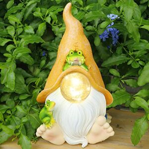 forup garden gnome statue outdoor decor, resin gnome figurine with solar-powered glass orb, resin garden statues sculpture for patio yard lawn outdoor garden decorations