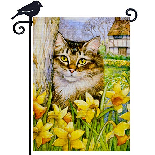 LAYOER Burlap Home Garden Flag 12.5 x 18 inch Double Sided Lovely Cat Kitten Yellow Flower Spring Summer Farmyard Outdoor Decoration Small Banner