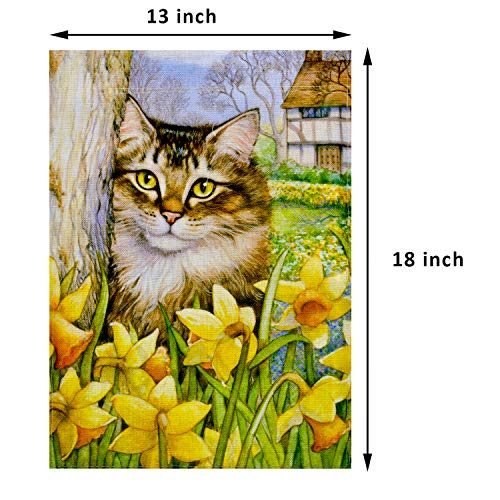 LAYOER Burlap Home Garden Flag 12.5 x 18 inch Double Sided Lovely Cat Kitten Yellow Flower Spring Summer Farmyard Outdoor Decoration Small Banner