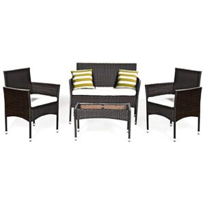 tangkula 4 pcs patio outdoor conversation set with glass coffee table, loveseat & 2 cushioned chairs, garden lawn rattan wicker patio chat set, outdoor furniture set (brown)