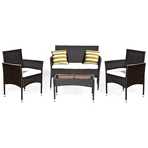 Tangkula 4 PCS Patio Outdoor Conversation Set with Glass Coffee Table, Loveseat & 2 Cushioned Chairs, Garden Lawn Rattan Wicker Patio Chat Set, Outdoor Furniture Set (Brown)