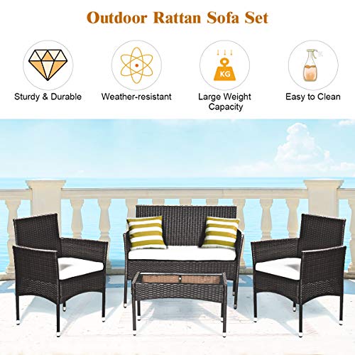 Tangkula 4 PCS Patio Outdoor Conversation Set with Glass Coffee Table, Loveseat & 2 Cushioned Chairs, Garden Lawn Rattan Wicker Patio Chat Set, Outdoor Furniture Set (Brown)