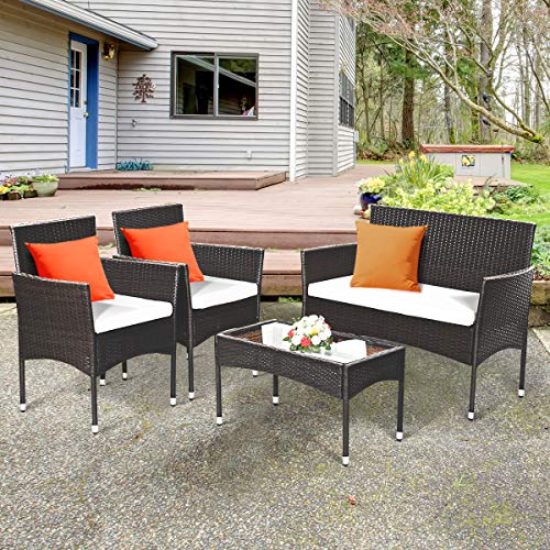 Tangkula 4 PCS Patio Outdoor Conversation Set with Glass Coffee Table, Loveseat & 2 Cushioned Chairs, Garden Lawn Rattan Wicker Patio Chat Set, Outdoor Furniture Set (Brown)