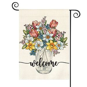 avoin colorlife spring floral vase garden flag 12×18 inch double sided outside, welcome yard outdoor flag