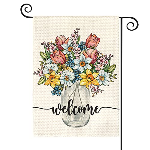 AVOIN colorlife Spring Floral Vase Garden Flag 12x18 Inch Double Sided Outside, Welcome Yard Outdoor Flag