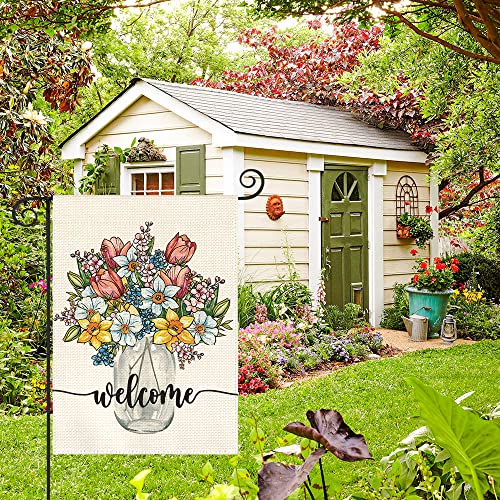 AVOIN colorlife Spring Floral Vase Garden Flag 12x18 Inch Double Sided Outside, Welcome Yard Outdoor Flag