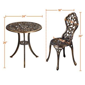 Topeakmart 3 Piece Bistro Set, Garden Round Table w/Chairs Set of 2, Antique Outdoor Patio Furniture Weather Resistant, Rose Design