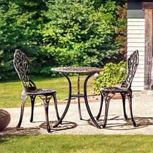 Topeakmart 3 Piece Bistro Set, Garden Round Table w/Chairs Set of 2, Antique Outdoor Patio Furniture Weather Resistant, Rose Design