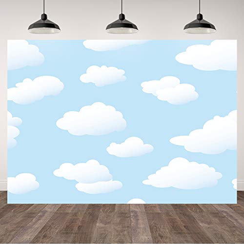 7×5ft White Clouds Blue Sky Photo Backdrop Cartoon Kids Theme Party Banner Children Newborn Baby Shower Boys Girls Birthday Photography Background Natural Scenery Portrait Shooting Photo Props