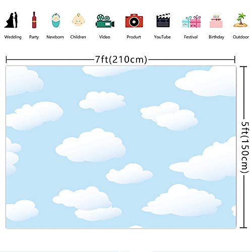 7×5ft White Clouds Blue Sky Photo Backdrop Cartoon Kids Theme Party Banner Children Newborn Baby Shower Boys Girls Birthday Photography Background Natural Scenery Portrait Shooting Photo Props