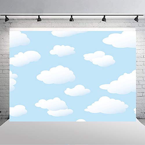 7×5ft White Clouds Blue Sky Photo Backdrop Cartoon Kids Theme Party Banner Children Newborn Baby Shower Boys Girls Birthday Photography Background Natural Scenery Portrait Shooting Photo Props