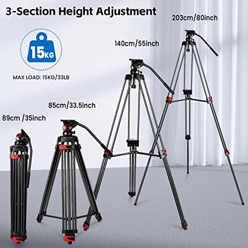 80" /203cm Video Tripod Heavy Duty Tripod with 360° Fluid Head,Mactrem Aluminum Tall Tripods Professional Compatible with Canon Nikon Sony DSLR Camera Camcorder Telescope Bnoculars (Load 33Lb)