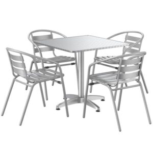 patio furniture set, aluminum dining set with 4 aluminum outdoor arm chairs, furniture set with chrome powder-coated, dining table with chairs, round outdoor patio furniture