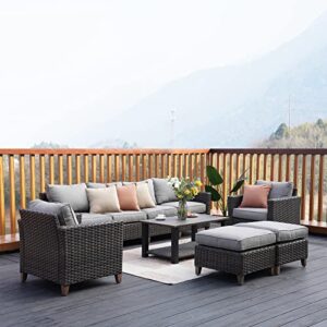 grand patio sofa sets 9 pieces conversation set with coffe table, pe rattan wicker patio furniture sectional sofa with thick cushions for yard garden porch (set for 8 coffeetable, 9 pcs)