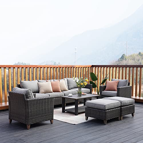 Grand patio Sofa Sets 9 Pieces Conversation Set with Coffe Table, PE Rattan Wicker Patio Furniture Sectional Sofa with Thick Cushions for Yard Garden Porch (Set for 8 Coffeetable, 9 PCS)