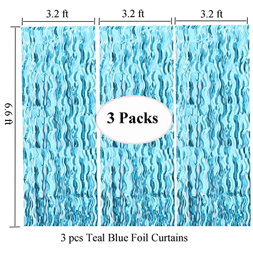 3 Pack 3.2 ft x 6.6 ft Teal Blue Matte Wavy Fringe Foil Curtains Photo Backdrop for Mermaid Birthday Party Decorations,Under The Sea Party Decorations
