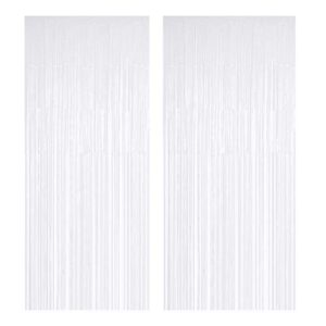 muhome white foil fringe curtain, 2pcs 3.28ft x 8.2ft tinsel door curtains & 1 masking tape white fringe backdrop for wedding birthday bridal shower bachelorette party decorations