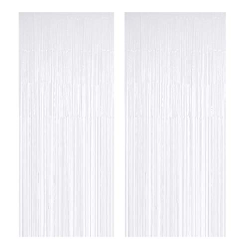 Muhome White Foil Fringe Curtain, 2PCS 3.28FT x 8.2FT Tinsel Door Curtains & 1 Masking Tape White Fringe Backdrop for Wedding Birthday Bridal Shower Bachelorette Party Decorations