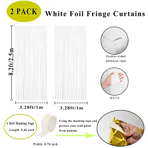 Muhome White Foil Fringe Curtain, 2PCS 3.28FT x 8.2FT Tinsel Door Curtains & 1 Masking Tape White Fringe Backdrop for Wedding Birthday Bridal Shower Bachelorette Party Decorations