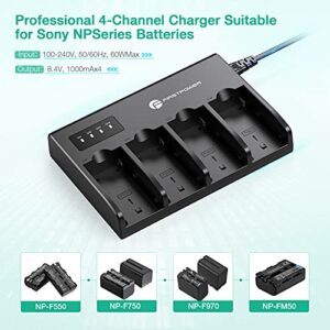 FirstPower 4 Pack NP-F970 Batteries and 4-Channel Charger Compatible with Sony NP F970, F960, F950, F930, F770, F750, F570, F550, F530, F330 and Sony Handycams, Field Monitor, Video Light