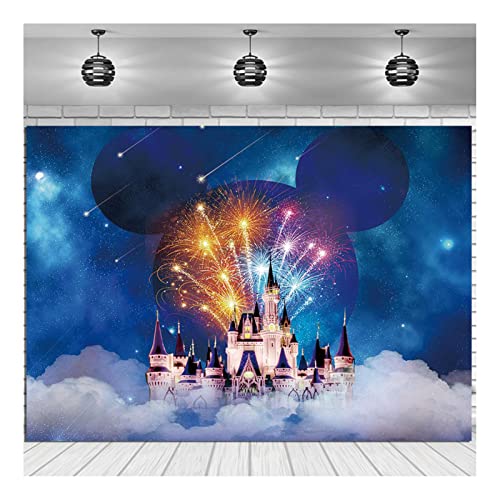 Dream Castle Photography Background 7x5ft Mickey Fairy Tale Blue Night Firework Photo Backdrops for Kids Birthday Party Newborn Baby Shower Cake Table Banner