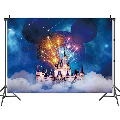 Dream Castle Photography Background 7x5ft Mickey Fairy Tale Blue Night Firework Photo Backdrops for Kids Birthday Party Newborn Baby Shower Cake Table Banner