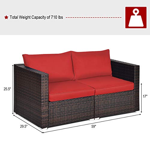 Tangkula Wicker Loveseat 2 Piece, Patio Furniture Couch with Removable Cushions, Rattan Loveseat Sofa for Balcony, Deck, Garden and Poolside