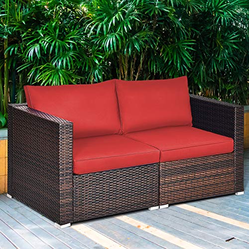 Tangkula Wicker Loveseat 2 Piece, Patio Furniture Couch with Removable Cushions, Rattan Loveseat Sofa for Balcony, Deck, Garden and Poolside