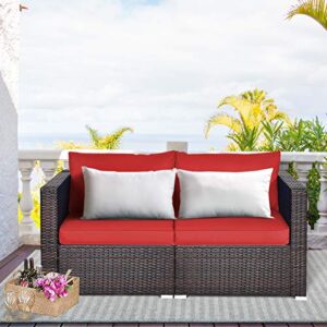 Tangkula Wicker Loveseat 2 Piece, Patio Furniture Couch with Removable Cushions, Rattan Loveseat Sofa for Balcony, Deck, Garden and Poolside