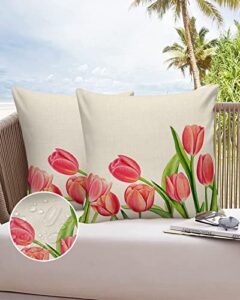 outdoor pillow covers waterproof, spring tulip throw pillowcase decorative cover, farmhouse beautiful bright red floral garden cushion case set of 2 for sofa, couch, tent, patio 18″x18″