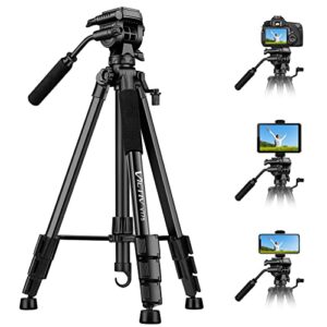tripod, 73 inch tripod for camera 15 lbs loads with fluid head, 2 quick release mounts and tablet & phone mount