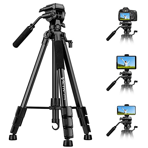 Tripod, 73 inch Tripod for Camera 15 lbs Loads with Fluid Head, 2 Quick Release Mounts and Tablet & Phone Mount