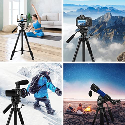 Tripod, 73 inch Tripod for Camera 15 lbs Loads with Fluid Head, 2 Quick Release Mounts and Tablet & Phone Mount