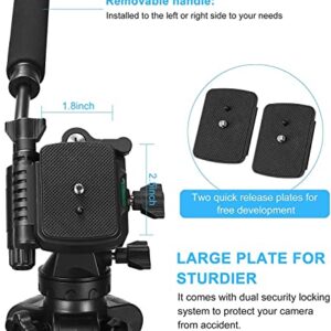 Tripod, 73 inch Tripod for Camera 15 lbs Loads with Fluid Head, 2 Quick Release Mounts and Tablet & Phone Mount