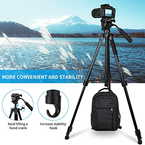 Tripod, 73 inch Tripod for Camera 15 lbs Loads with Fluid Head, 2 Quick Release Mounts and Tablet & Phone Mount