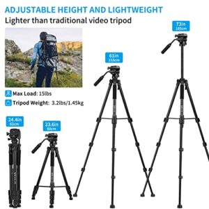 Tripod, 73 inch Tripod for Camera 15 lbs Loads with Fluid Head, 2 Quick Release Mounts and Tablet & Phone Mount