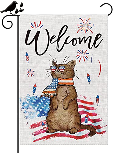 ricluck 4th of July Garden Flag Vertical Double Sided Independence Day Patriotic USA Flag Cat Burlap Welcome Memorial Day Summer Blue Red White Garden Size: 12 x 18inch HEMFLAG0039 0