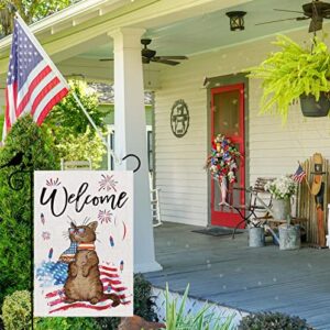 ricluck 4th of July Garden Flag Vertical Double Sided Independence Day Patriotic USA Flag Cat Burlap Welcome Memorial Day Summer Blue Red White Garden Size: 12 x 18inch HEMFLAG0039 0