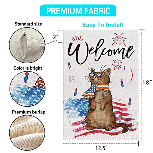 ricluck 4th of July Garden Flag Vertical Double Sided Independence Day Patriotic USA Flag Cat Burlap Welcome Memorial Day Summer Blue Red White Garden Size: 12 x 18inch HEMFLAG0039 0