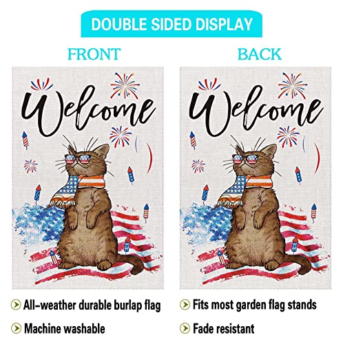 ricluck 4th of July Garden Flag Vertical Double Sided Independence Day Patriotic USA Flag Cat Burlap Welcome Memorial Day Summer Blue Red White Garden Size: 12 x 18inch HEMFLAG0039 0