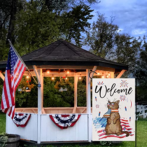 ricluck 4th of July Garden Flag Vertical Double Sided Independence Day Patriotic USA Flag Cat Burlap Welcome Memorial Day Summer Blue Red White Garden Size: 12 x 18inch HEMFLAG0039 0