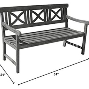 Vifah V1299 Coronado Grey-Washed 5Ft X-Back Acacia Weathered-Wood Bench for 3 Seater in Entry Way